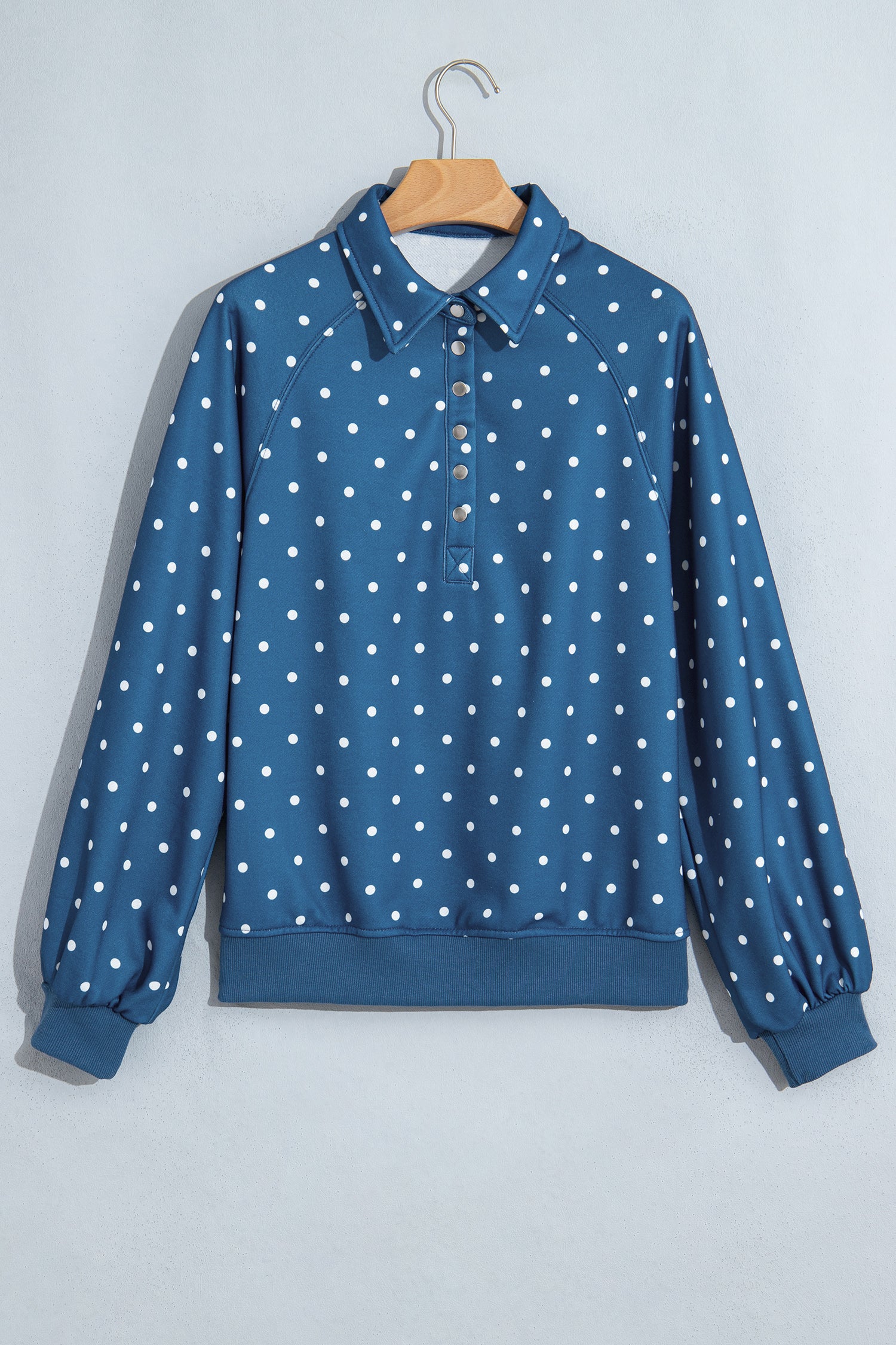 Black Polka Dot Print Metal Button Collar Casual Pullover Sweatshirt