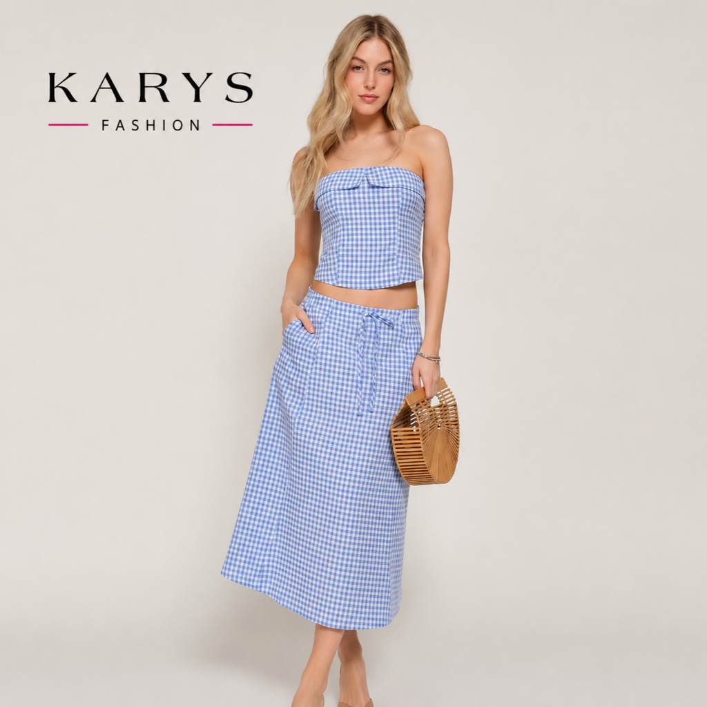 Seersucker Bandeau Top & A-Line Midi Skirt Set