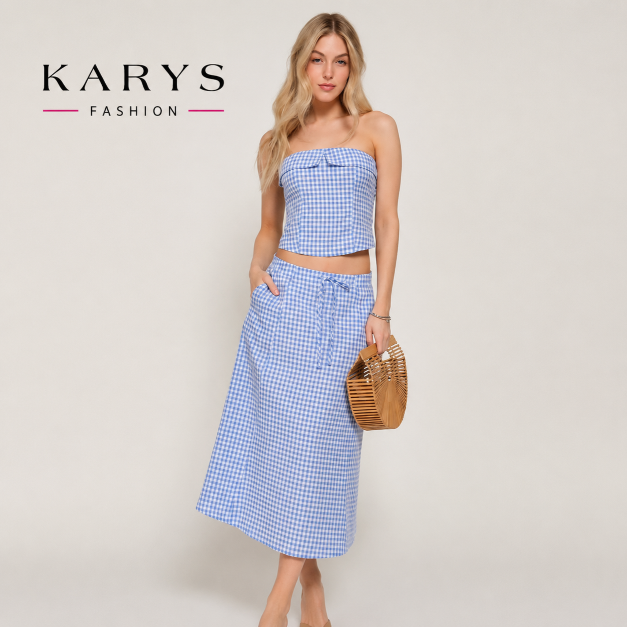 Seersucker Bandeau Top & A-Line Midi Skirt Set
