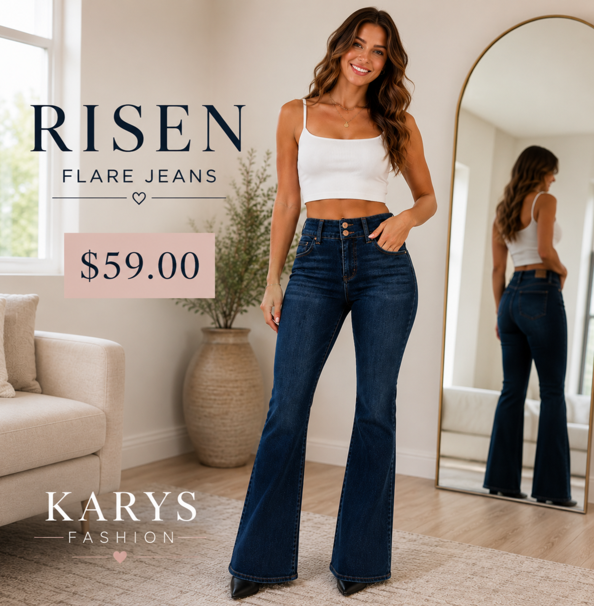 RISEN High Rise Flare Jeans With Seam Detail Waistband