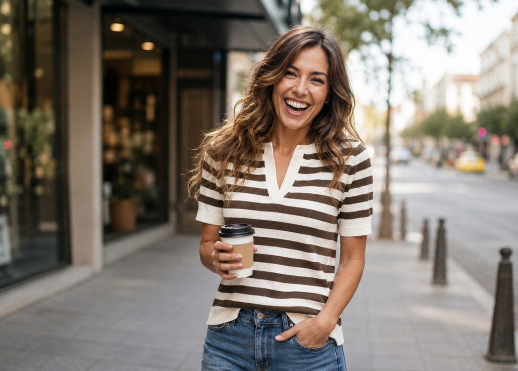 Zenana Split Neck Stripe Short Sleeve Sweater